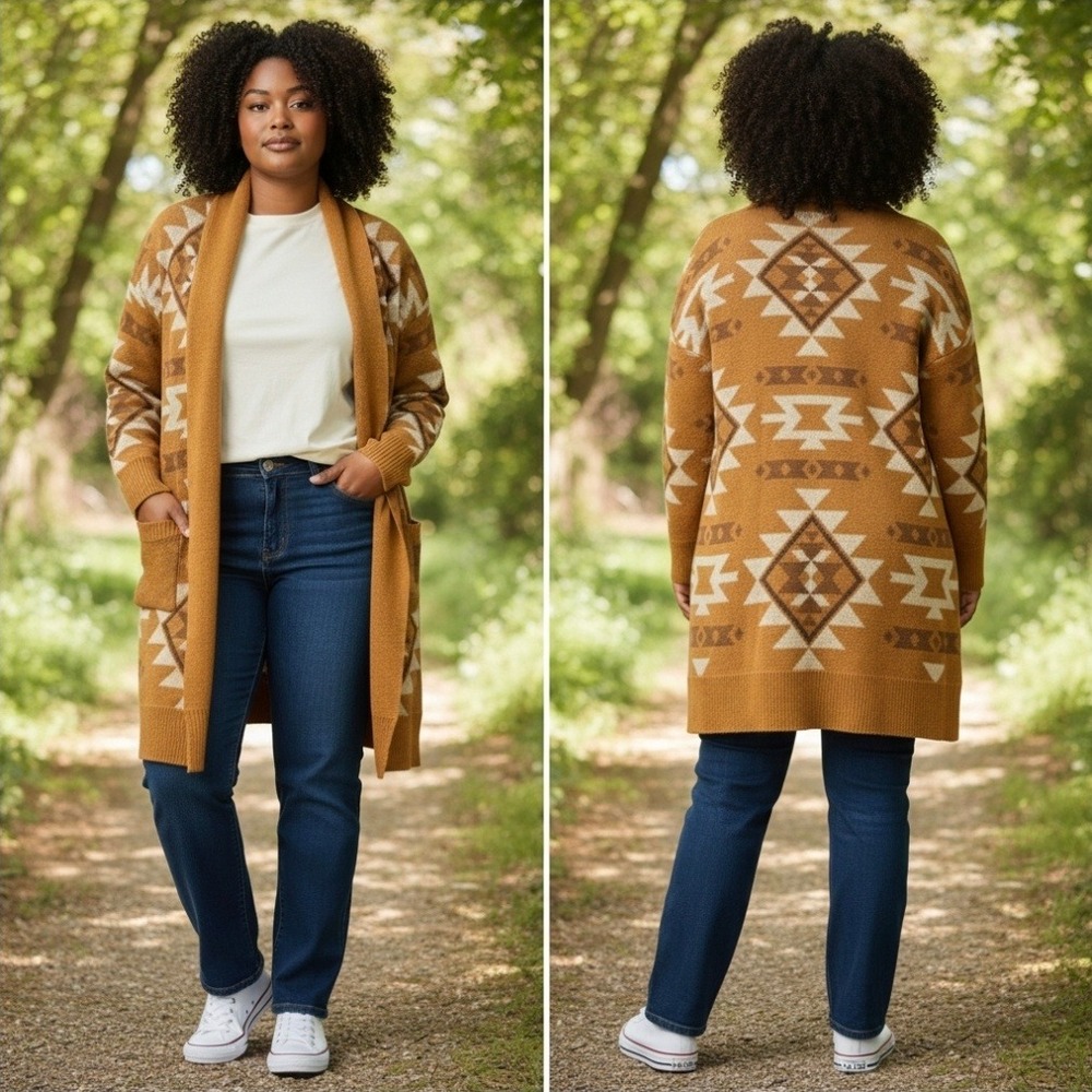 Savanna Jane Aztec Geometric Knit Open Front Cardigan Western Camel L REPAIRED